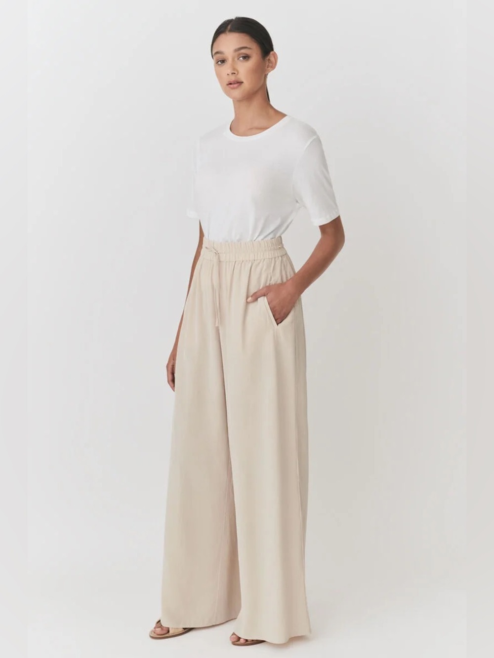Cuyana Washable Silk Wide Leg Drawstring Pants in Beige